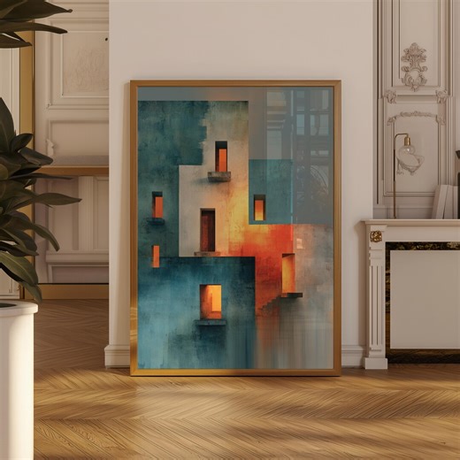 Geometric Wall Art, Architectural Abstract Print, Blue Orange Digital Download - Etsy