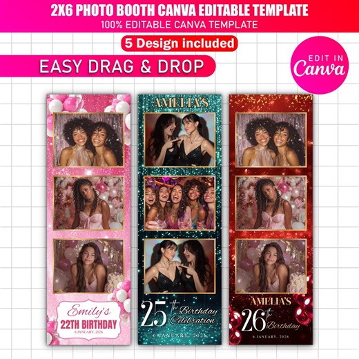 2x6 Photo Booth Canva Editable Template | 5X Birthday & Party Frame Photo Strip | Custom DIY Photo Board Template | Digital Download - Etsy