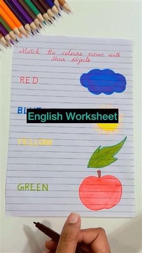 INKCRAFTED on Instagram: "Colors make learning exciting, and today’s activity is all about connecting color names with their matching objects! This simple yet effective task helps children identify primary colors like red, blue, and yellow through visual association and hands-on engagement. Activities like these enhance color recognition, build early vocabulary, and develop fine motor skills as children draw lines and match correctly. In this reel, we’ve used bright illustrations—a red apple, bl