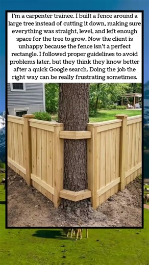 Built a fence around a tree instead of cutting it down. Client wanted a perfect rectangle. 🌳📏😤