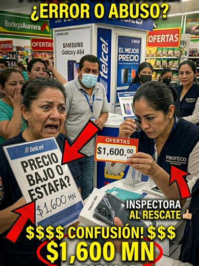 Celular en $1,600… lo cobraron en $16,000 y terminó llegando PROFECO Un celular marcado en $1,600 terminó en un pleito con PROFECO dentro de una tienda. Al final el inspector encontró la etiqueta original en la basura. ¿La tienda debe respetar el precio o es aprovecharse del error? #profeco #telcel #bodegaaurrera #historiasdetiktok #historiasreales