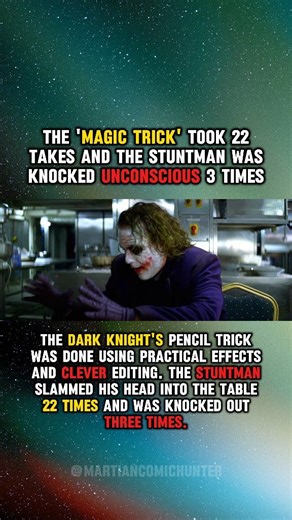 This 'magic trick' took 22 takes and the stuntman was knocked unconscious 3 times in Batman The Dark Knight (2008). The Dark Knight's pencil trick was done using practical effects and clever editing. The stuntman slammed his head into the table 22 times and was knocked out three times. Heath Ledger broke character to check on him after one of the knockouts. What's your favorite Joker scene? #batman #Joker #DC DC Batman #usa | Martian ComicHunter