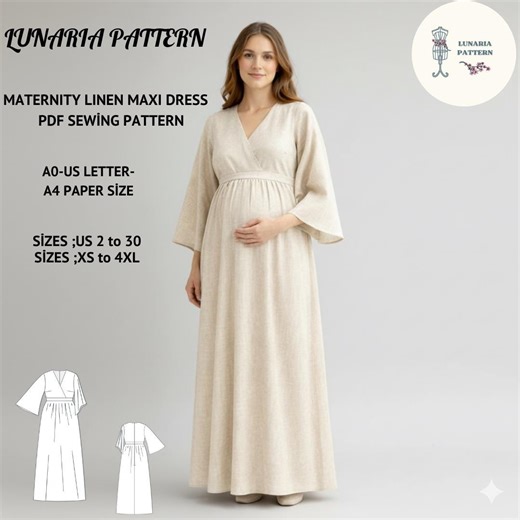 Maternity Linen Dress Sewing Pattern, Empire Waist Pregnancy Dress, Long Sleeve Wrap Dress Pattern, Minimal Pregnancy Gown PDF (PDF Pattern) - Etsy Canada