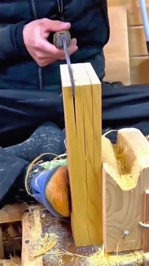 Splitting Thin Wood Planks Precisely By Hand Using A Sharp Knife And A Manual Foot Press Tool
