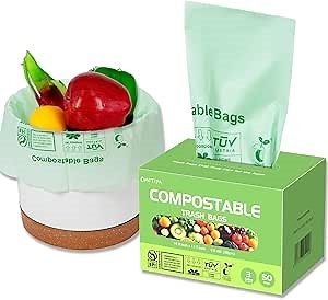Compostable Trash Bags, Small Compost Bags 3 Gallon, Extra Thick 0.8 Mils, 16.9" x 17.7", 50 Count, Compostable Food Scrap Bags for Kitchen Waste, Green Bin Liners for Garbage Disposal