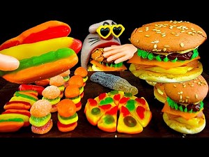 ASMR MUKBANG :) Real Burger Macaron & Burger Jelly & Pizza Jelly Eating Show!