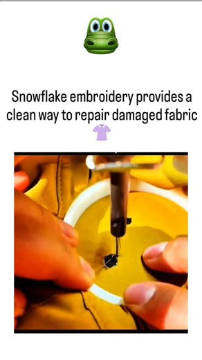 TrendTok Hub on Instagram: "The post showcases a 28-second video tutorial on snowflake embroidery, a visible mending technique that transforms fabric holes into decorative gold-threaded patterns on yellow cloth, emphasizing repair over replacement. ), it aligns with her art-sharing feed and sustainability focus, amassing 936k views and 829 likes within 24 hours for its accessible eco-craft appeal. Rooted in sashiko-inspired methods, this repair extends garment lifespan; a 2023 study in the Journ