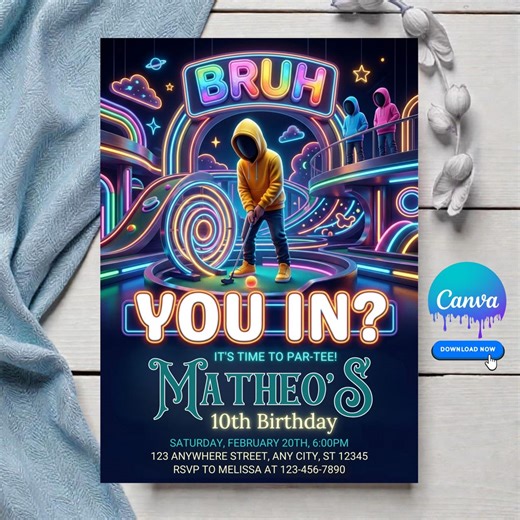 Editable Mini Golf Birthday Invitation Canva Template, Neon Glow Golf Party Invite, BRUH YOU IN Birthday Evite, Printable 5x7 - Etsy