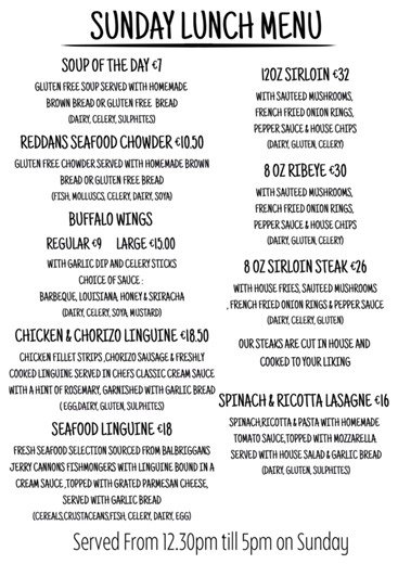 This Sundays Carvery Menu and Sunday Lunch Menu at Reddans, Available From 12:30 till 5pm and Bar Food from5-8pm. Live Premier League Games on our TV'S in Bar & Lounge #premierleague #newmenu #followers #deliciousfood #PremierLeague #carvery #goodfood #GoodFood #familydinner #carverytime #reddansbar #food #carverylunch #sundayfunday #ReddansOfBettystown #GoodVibesOnly #bettystownbeach #steaklover #livesport | Reddans Of Bettystown