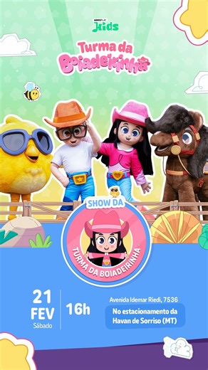 BOIADEIRINHAS E BOIADEIRINHOS 🤠 Vem aí o show da @turmadaboiadeirinha oficial da Ana Castela e Luan Pereira na Havan de Sorriso (MT), vai ter dança, música e muita diversão pra toda a família. Chama todo mundo, pois vai ser um show imperdível! ✨ 📅 Data: 21/02, sábado, entrada gratuita 📍 Local: Estacionamento da Havan Sorriso (MT) - Avenida Idemar Riedi, 7536, Lot. Valo - cep: 78.895-350 ⏰ Horário: às 16h E tem mais: as 100 primeiras crianças vão ganhar uma pulseira especial para tirar foto co