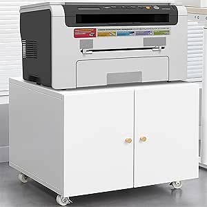 Mobile Metal Printer Stand With Wheels, 2 Door Steel Copier Stand Mobile Pedestal File Printer Stand, Office Furniture Copier Cabinet for Home Office, Two Layer for Small Spaces, Printer Cart, White