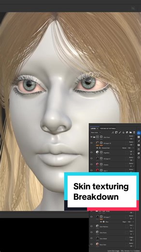I start off with skin feverish smart material and go from there. I add yellow and blue undertones on low opacity and boost ao, and sss. From there I start working on makeup adding lip gloss, check color, highlighter, eyeshadow and brows. Overall this process is easy and works for a stylized character. #3d #artistsontiktok #artprocess #turorial #texture