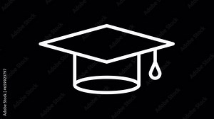 Graduation cap. WHITE line icon animation on transparent background.