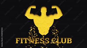 Bodybuilder hand posture symbol revealing by collapsing wall. Fitness gym yellow golden icon on black background. Fitness sign for club, sport ascivity, work out, training power and gym advertisment.