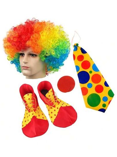 Perruque afro colorée de cirque, nez de clown, coiffe de clown, costume de clown, chaussures de clown, nœud papillon, accessoires de clown pour représentation, fête, nez en mousse plastique rouge | SHEIN