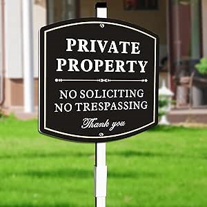 No Trespassing Signs Private Property with Stake, No Soliciting Sign for House Yard Signs,Aluminum Metal Sign 28" Total Length