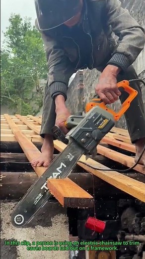 Electric Chainsaw Cutting: Trimming Eaves Boards Into Neat Pieces