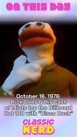 49 years ago TODAY, America quacked on the dance floor when Rick Dees & His Cast of Idiots’ “Disco Duck” hit number one on the Billboard Hot 100 in 1976! It started as a radio gag, but once the novelty single waddled into “Saturday Night Fever” with an instrumental cameo, it was a nationwide hit. #nostalgia #musichistory #70s #70smusic #70sthrowback | Classic Nerd