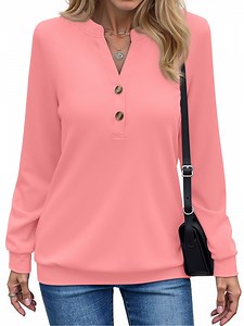 Fantaslook V Neck Sweatshirts for Women Casual Long Sleeve Shirts Button Pullover Tops Fashion Fall Outfits