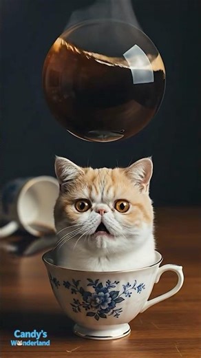 Tiny Kitten in a Teacup Watching a Floating Coffee Ball! ☕✨ (ASMR)