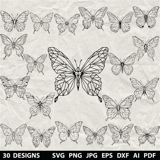 30 Geometric Butterfly Bundle Svg, Dxf, Eps, Ai, Pdf, Jpg, Png Grayscale Burn Image Vector Cnc Wood Cut Cricut Animal Line Art Silhouette - Etsy