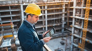 Construction Site Manager Reviewing Plans: A focused construction manager uses a tablet to review blueprints, overseeing a bustling construction site in the background.