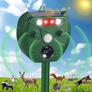 Ultrasonic Animal Repellent Outdoor Solar Animal Repellent,Devices with Motion Sensor & 4 Red/White Strobe Light,Waterproof Cat Deterrent Deer Repellent, Raccoon Squirrel Fox Rabbit Repellent Devices