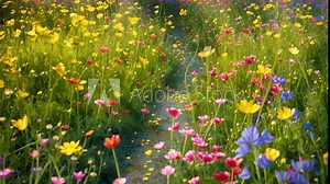 Colorful spring flowers in the sun. Various colored. Summer alpine meadow with colorful wildflowers. Camera moves among grass and colorful flowers, backlight, sunset. Summer alpine green flora backgro