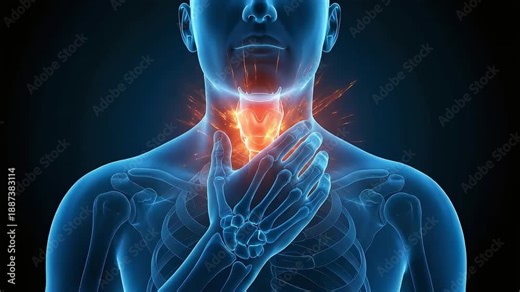 3D animation of human anatomy highlighting sore throat and inflammation