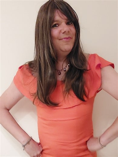 Crosserdresser Mel in Stunning Orange Dress