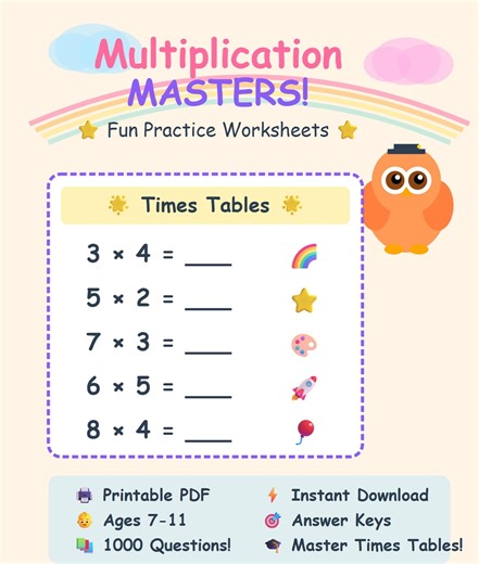 12 Multiplication Master Worksheets for Kids | Printable PDF, Homeschool Practice for Grades 1-5