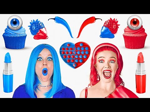 RED vs. BLUE COLOR CHALLENGE || Buying Only 1 Color for 24 HRS! Hot vs. Cold Battle by 123 GO! Food