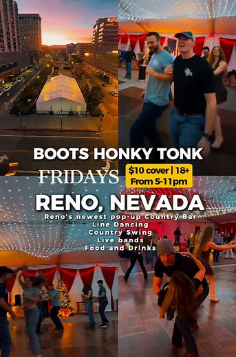 Welcome to Reno’s newest pop-up country bar @bootshonkytonk ! Come join us downtown for Line dancing, swing dancing, and a live band performance EVERY FRIDAY NIGHT from 5-11pm! $10 cover | ages 18 welcome Dancing | Live Band | Drink Specials | Food Trucks | & more! #countrybar #renocountrybar #renolinedancing #renodancelessons