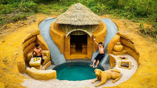 Watch these primitives work for weeks to build a hidden shelter with a pool