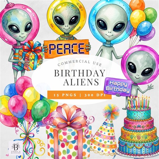 Birthday Alien Clipart, Watercolor Alien PNG, Outer Space Birthday Clipart, Funny Alien Clipart, Kids Birthday Clipart, Commercial Use PNG - Etsy
