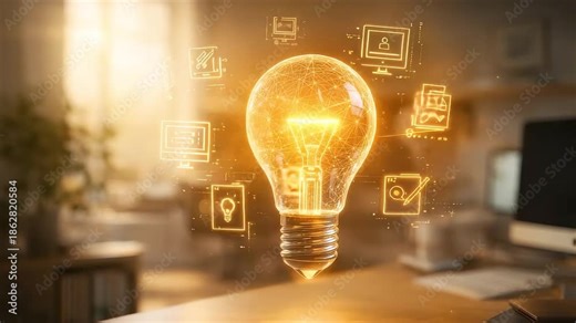 Glowing light bulb floating above desk with digital interface symbols showing creative thinking innovation ideas and modern workspace inspiration