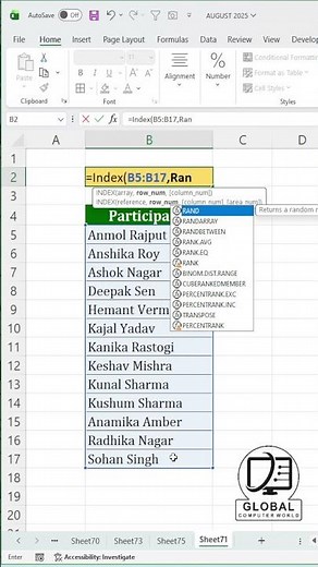🎲 Excel Lucky Draw Trick | Pick Random Name Automatically! 🔥#excel #exceltips ‪@GlobalComputerWorld‬