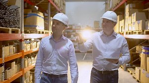 employees male warehouse workers engineers in hard hat working in logistics center factory construction site, two engineers discussing work with tablet computer. architects businessman man engineer