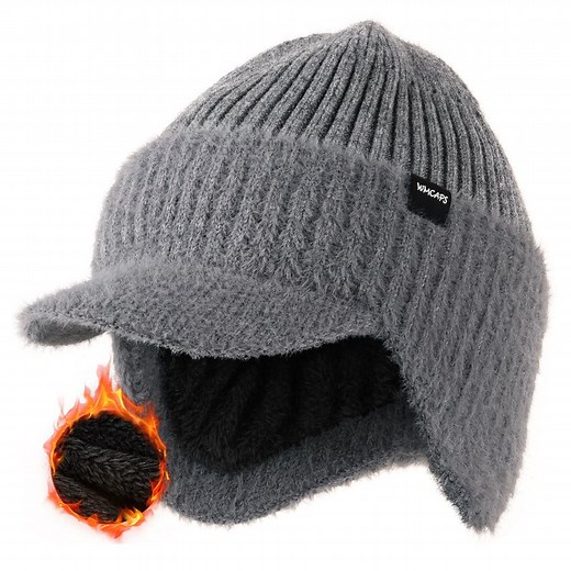 WMCAPS Winter Beanie with Fleece Lining, Brim and Ear Flaps Warm Thermal Hat for Men Women, Outdoor Stocking Cap (Gray)