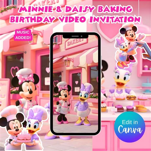 Baking Birthday Party Video Invitation | Minnie Mouse Baking Party Invite Editable Canva Baking Invite | Kids Baking Theme Birthday - Etsy