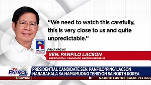 Nangangamba si presidential bet Senador Panfilo Lacson sa namumuong tensiyon sa North Korea. Aniya, dapat maging mapagmatiyag ang gobyerno lalo na't malapit lang ang naturang bansa sa Pilipinas. #Halalan2022 BASAHIN ang buong ulat: https://news.abs-cbn.com/news/03/13/22/ph-should-monitor-n-korea-after-missile-tests-lacson | TV Patrol