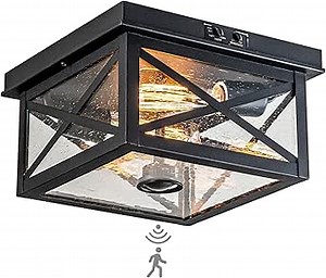Outdoor Ceiling Light with Motion Sensor, Black Flush Mount Farm House Porch Light Ceiling Mount, Adjustable Sensor 2-Light Close to Ceiling Light Fixture for Patio, Porch, Garage
