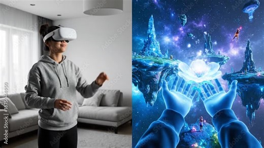 Split screen comparison of woman using VR headset at home and her breathtaking point of view inside vibrant metaverse world