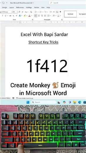 🐒 Create Monkey Emoji in Microsoft Word using Shortcut Keys! Want to add a Monkey 🐒 emoji in Microsoft Word quickly? Here’s the easy shortcut! Type 1F412 and then press Alt X — the code will instantly convert into the 🐒 Monkey emoji. This Unicode shortcut works perfectly in Microsoft Word and saves time while creating fun and engaging content. ✨ Quick • Simple • No copy-paste needed! #MicrosoftWord #EmojiShortcut #MonkeyEmoji #AltX #UnicodeTrick #WordTips #ShortcutKeys #ProductivityHacks #Tec