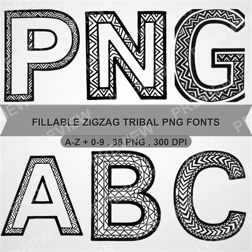 Fillable Zigzag Tribal Alphabet Clipart PNG (A-Z, 0-9) (Digital Download)