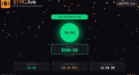 ATM window open 👀STRC crossed $100 at 11:58 AM ET — first activity since Thursday.14k shares tracked so far, ~10 BTC estimated.https://t.co/lVNalzUMK3