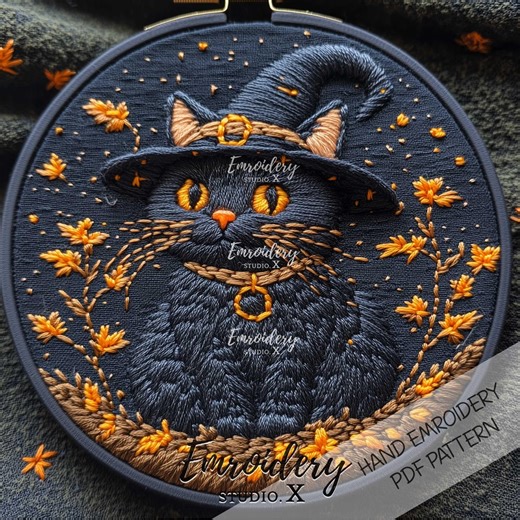 Halloween Black Cat Embroidery Pattern PDF: Witch Hat With Autumn Leaves Hoop Art Hand Stitch Design - Etsy
