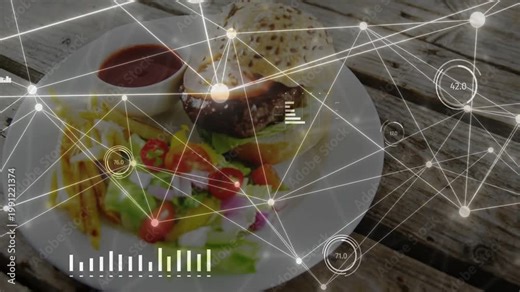 Network overlay activating over plate on wood table, nodes moving and charts revealing nutrition