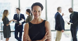 Business woman, arms crossed and team with smile on face for leadership, management and corporate law firm. Attorney, lawyer or advocate with group, people and happy with portrait in modern office