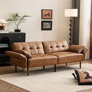 HALLYBEE 85” Futon Sofa Bed, Sleeper Sofa, Small Couch with Storage Adjustable Armrests Pillows, Faux Leather Loveseat, Mid Century Modern Couches for Living Room, Bedroom, Apartment, Brown